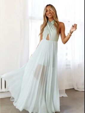 Hello Molly Mint Halter Pleated Maxi Dress
